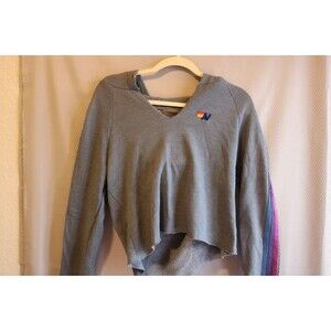 Aviator Nation Hoodie Womens Small Gray Blue Cropped 4 Stripe Pullover Hooded *